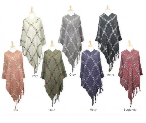 Plaid Poncho w/Fringe Assorted Colors