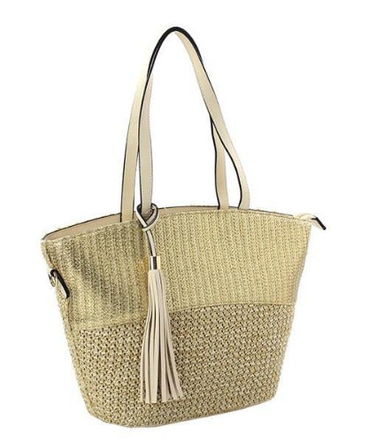 Tassel Accent Straw Tote Gold
