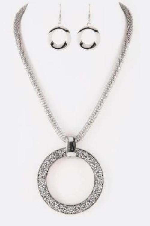 Druzy Crystal Ring Iconic Pendant Set Silver