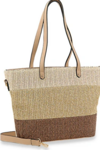 Striped Straw Tote Handbag Beige