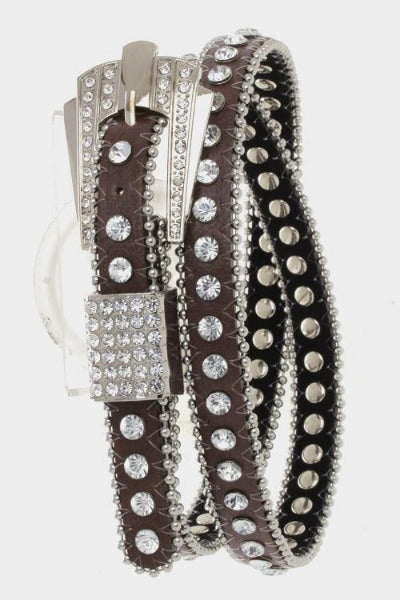 Crystal Buckle Skinny Belt Brown