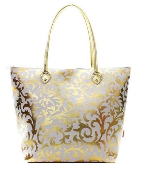 Microfiber Metallic Damask Tote Bag Gold/White