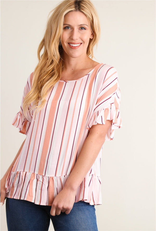 Striped Ruffle Hem Blouse Coral