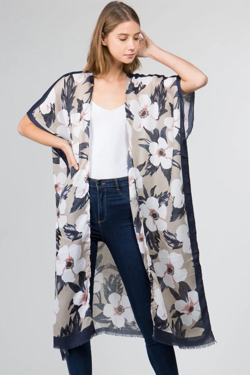 Big Flower Long Kimono Blue