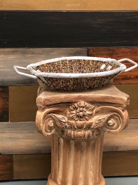 Beaded Basket with Woven Silver Metal Trim