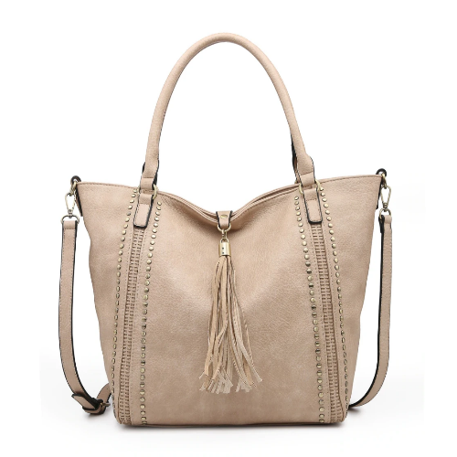 Tassel Accent Studded Handbag Beige