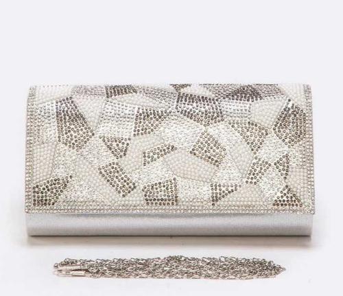 Crystal Flap Satin Clutch Silver