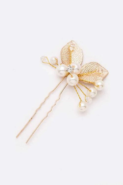 La Jewelry Plaza Gold Leaf and Pearls Wired Hair Stick