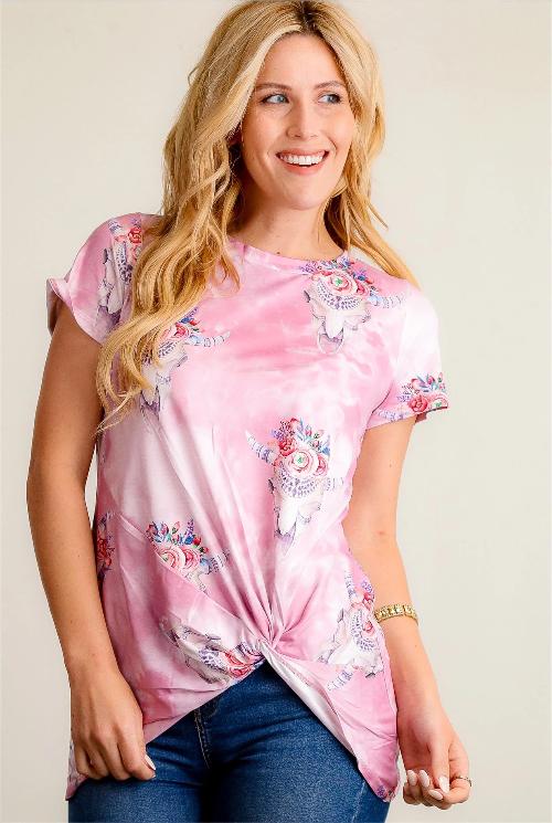 Floral Bull Head Knot Hem Top Pink