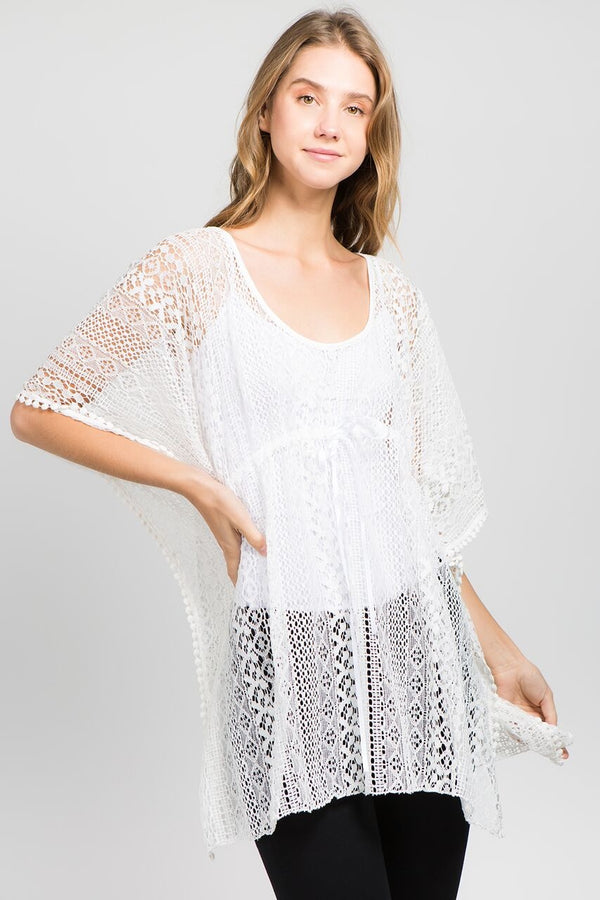 Crochet Chest Tie Tunic Top Ivory