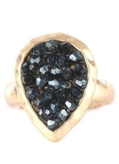 Iridescent Glass Bead Cluster Teardrop Stretch Ring in Hematite