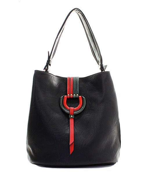 Striped D-Ring Bucket/Shoulder Bag Black