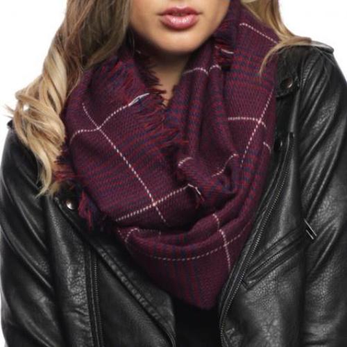 Glen Check Pattern Infinity Scarf Burgundy