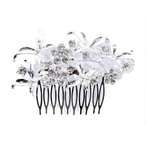 Crystal Leaf Design Hair Comb Silver