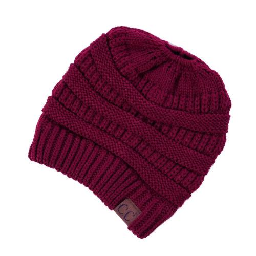 Messy-bun, Solid Print C.C Beanie Burgundy