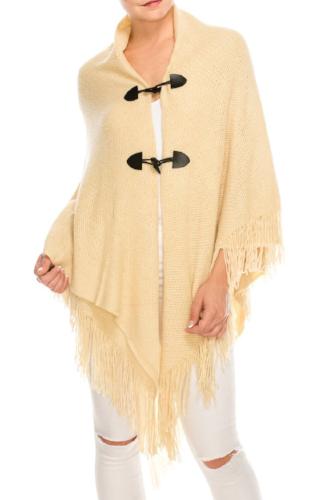 Double Button Fringe Cape/Poncho Beige