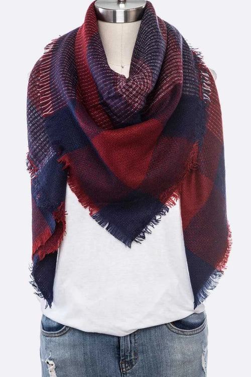 Mix Plaid Printed Fashion Blanket Scarf Burgundy