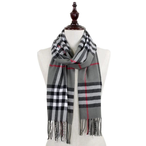 Plaid Scarf with Fringe Gray