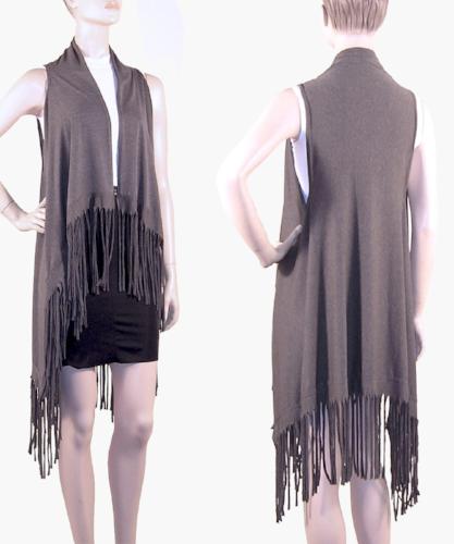 Suede-Feel Fringed Vests Grey