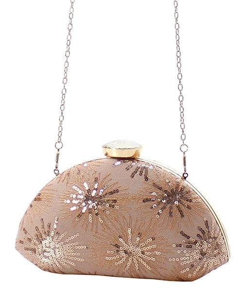 Embroidered Sequin Clutch with Jewels Gold