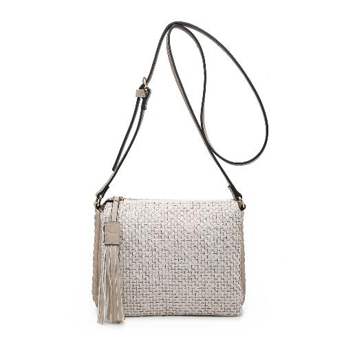 Tassel Accent Whipstitched 3-Compartment Crossbody Oatmeal