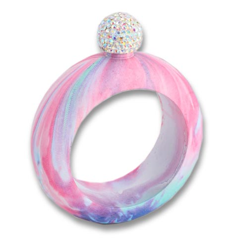 Bangle Bracelet Flask with Rhinestone Jewel Closure Pink Marble