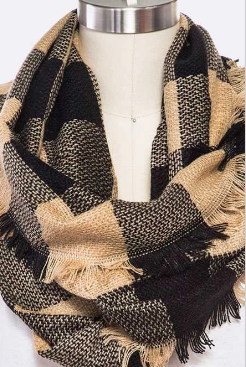 Raw Edge Plaid Pattern Infinity Scarf Beige