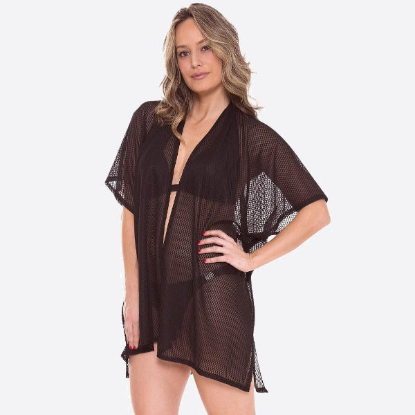 Women's Honeycomb Mesh Kimono or Swimsuit Cover Up Black