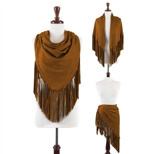 Boho Fringe Faux Suede Scarf/Shawl Brown