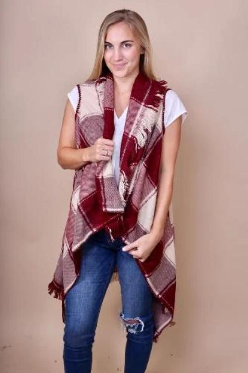 Plaid Vest with Fringe Burgundy Beige