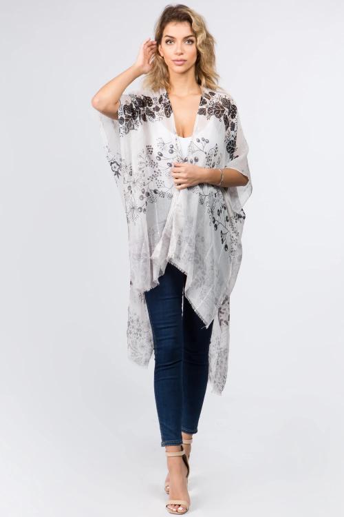 High-Low Flower w/ Sequins Kimono Black