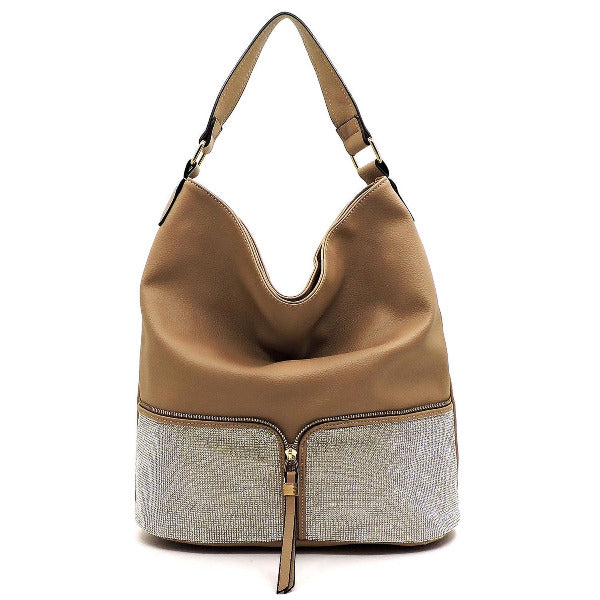 Rhinestone Colorblock Shoulder Bag Taupe