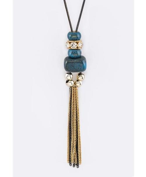 Mix Beads & Fringe Chains Pendant Necklace Set Blue