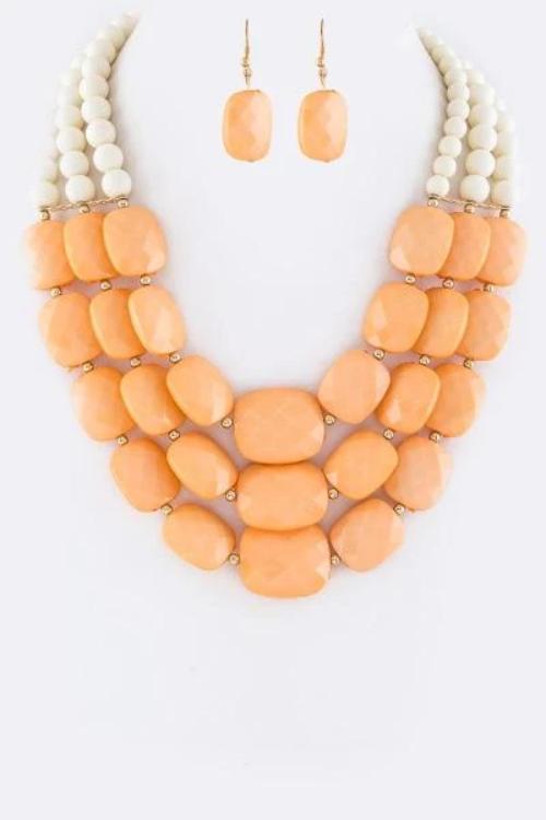 Mixed Layered Beads Necklace Set Peach/Ivory