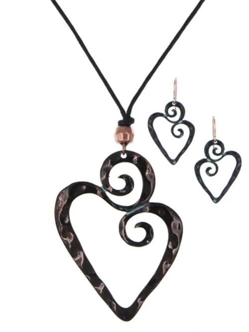 Swirling Heart Pendant Necklace Set Patina