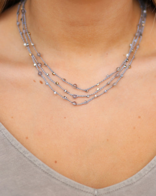 Dorsi 17” Triple Layer Thread And Bead Necklace Grey
