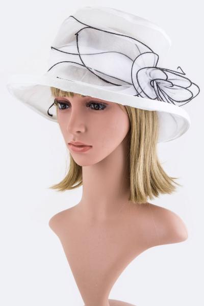 Floral Bow Organza Hat White with Black Trim