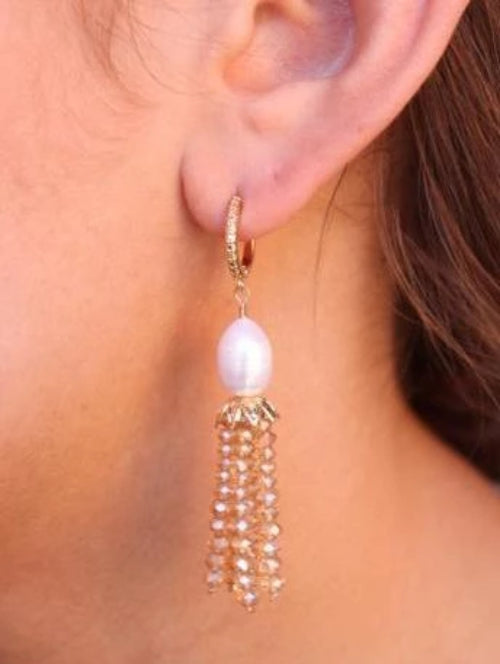 Mau Small Textured Hoop with Pearl/Glass Bead Tassel Drop Earrings Champagne