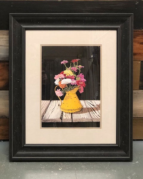 Framed Yellow Watering Can with Flowers