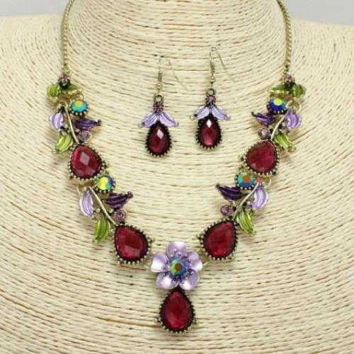 Floral Necklace Set Antique Gold/Purple