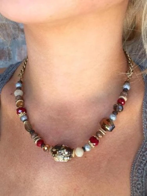 Angelina Stone and Bead Necklace Burgundy