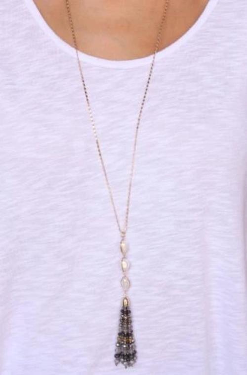 Triple Pearl And Seed Bead Tassel Y Necklace in Gray