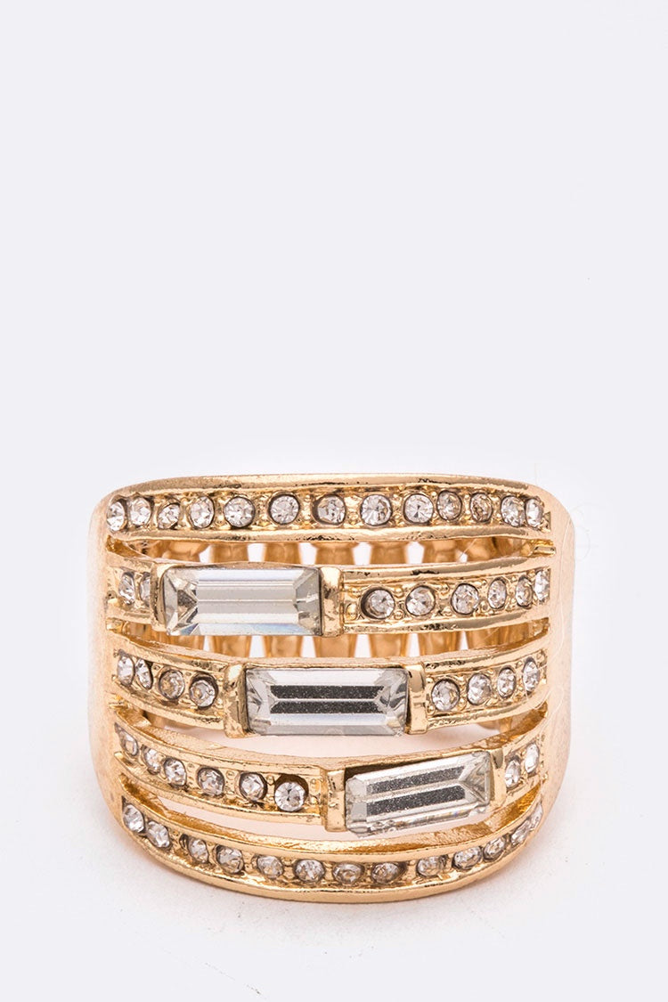 Crystal Baguette Stretch Cocktail Ring Gold/Clear