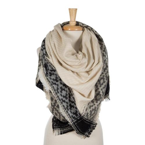 Black and ivory blanket scarf with frayed edges
