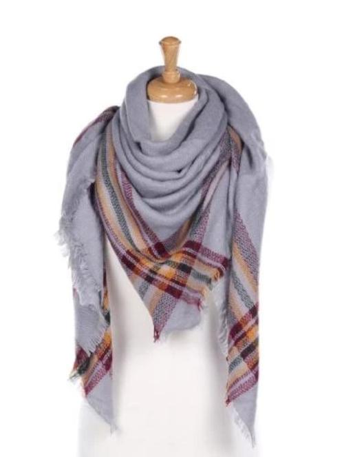 Patterned Blanket Scarf with Frayed Edge Grey