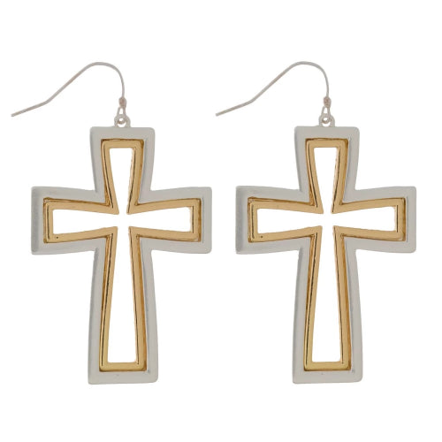Two Tone Cross Earrings Silver/Gold
