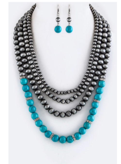 Mix Beads Layer Necklace Set Silver
