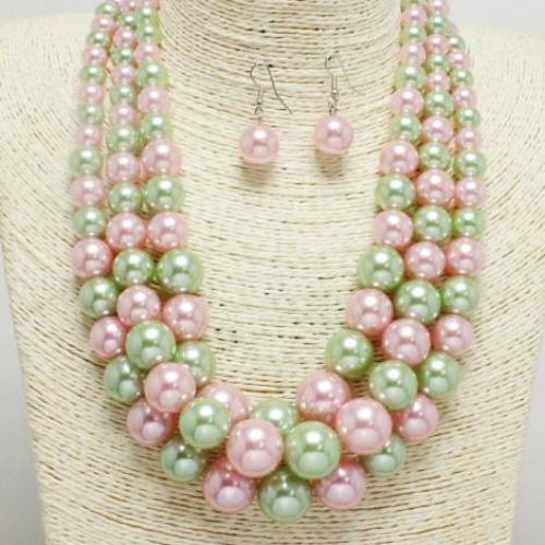 Pearl Layered Necklace Set Pink/Green