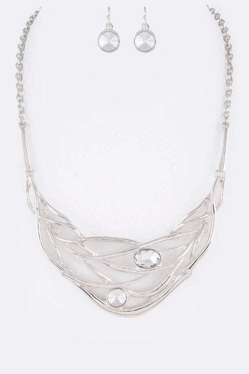 Crystal Dotted Statement Necklace Set Silver