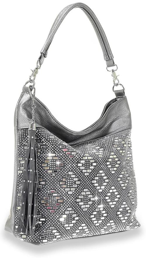Rhinestone and Gem Design Hobo Bag Pewter